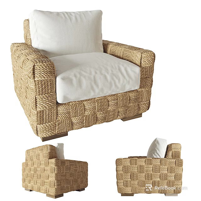Modern Single Sofa Featuring Woven Rattan Frame And White Soft Cushion Design 3d model