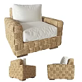 Modern Single Sofa Featuring Woven Rattan Frame And White Soft Cushion Design 3d model