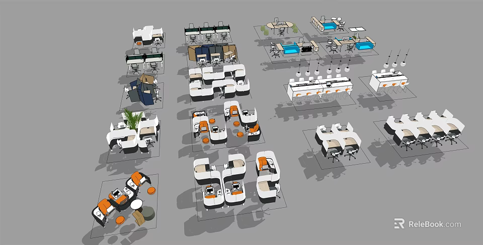 Modern Office Desks With Various Styles Chairs Storage And Workspace Layouts 3d model 