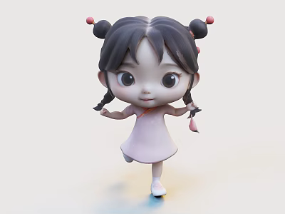Cute 3D Animated Game Film Character With Double Bun Hairstyle Pink Dress And Braided Pigtails 3d model