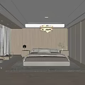 Modern Bedroom Interior Design Featuring Vertical Striped Accent Wall Chandelier And Area Rug