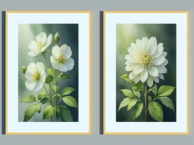 Two Framed Botanical Paintings With White Flowers And Green Leaves Artwork 3d model