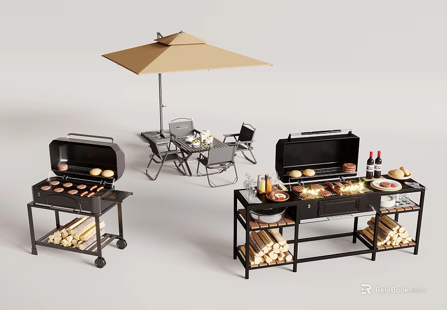 Outdoor Dining Table Set with BBQ Grills Patio Umbrella Chairs Food Items and Wood Logs 3d model 