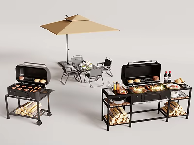 Outdoor Dining Table Set with BBQ Grills Patio Umbrella Chairs Food Items and Wood Logs 3d model