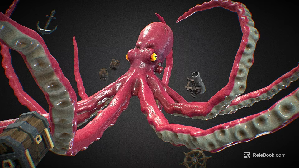 Pink Octopus Game Character With Yellow Eyes Green Edge Tentacles And Gears Anchor 3d model 