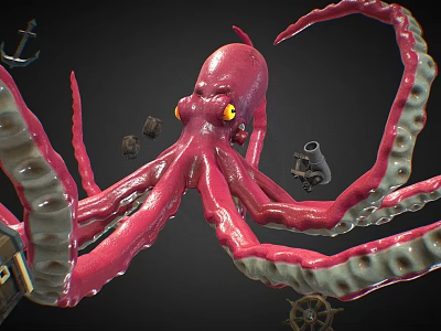 Pink Octopus Game Character With Yellow Eyes Green Edge Tentacles And Gears Anchor 3d model