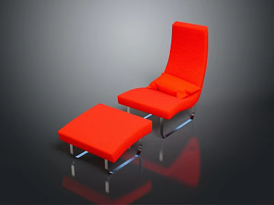 Red Modern Chaise Lounge with Ottoman and Metal Frame on Dark Reflective Surface 3d model