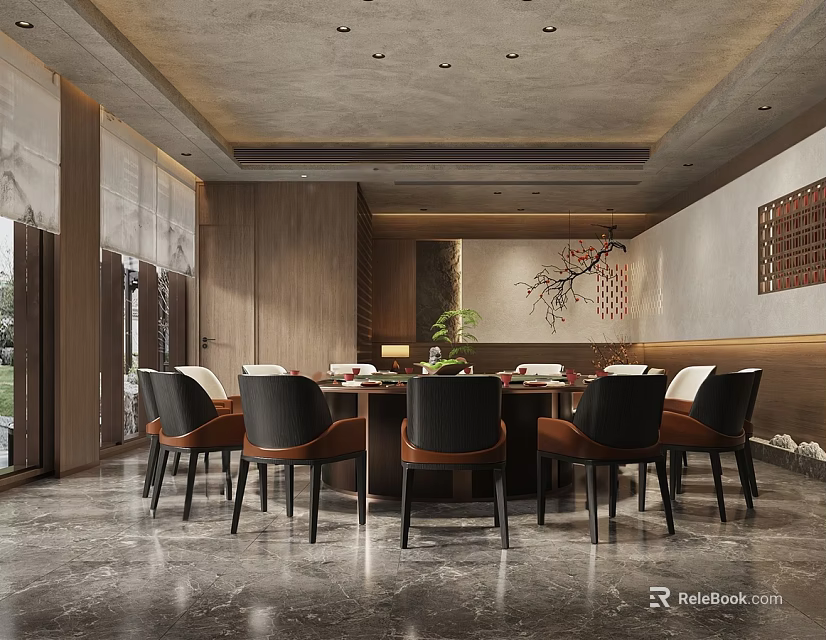 Modern Chinese Style Private Dining Room With Table And Chairs 3d model
