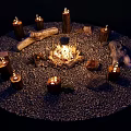 Outdoor Nighttime Campfire Scene With Stone Circle Wooden Stumps And Lit Lanterns