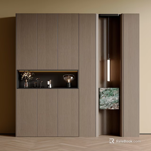 Elegant Modern Shoe Cabinet Interior With Wooden Finish And Display Decor Items 3d model 