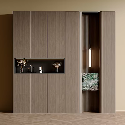 Elegant Modern Shoe Cabinet Interior With Wooden Finish And Display Decor Items 3d model