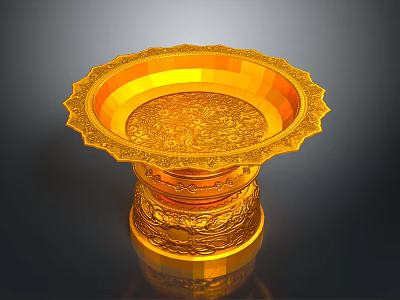 Elegant Golden Decorative Tray With Intricate Carved Patterns Scalloped Edge And Ornate Base 3d model