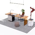 Modern Office Desk With Wooden Top Desk Lamp Laptop Green Plant Sculpture And Gray Rug