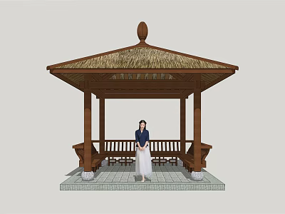 Thatched Roof Wooden Pavilion With Bench And Standing Woman In Outdoor Space 3d model