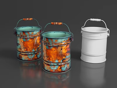 Durable Hardware Tools Metal Buckets in Teal Rustic and White with Wooden Handles 3d model