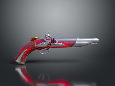 Vintage Antique Pistol With Red Wooden Grip Silver Barrel And Brass Decorative Accents 3d model