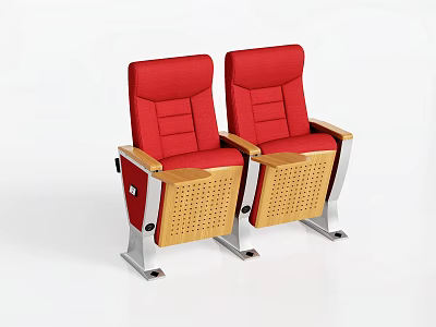 Pair of Comfortable Red Upholstered Public Chairs with Wooden Armrests and Metal Frames for Auditorium 3d model