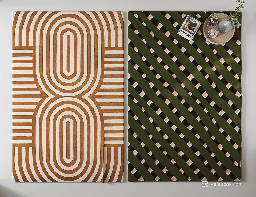 Two Geometric Pattern Rugs With Brown White Stripes And Green Diamond Designs 3d model