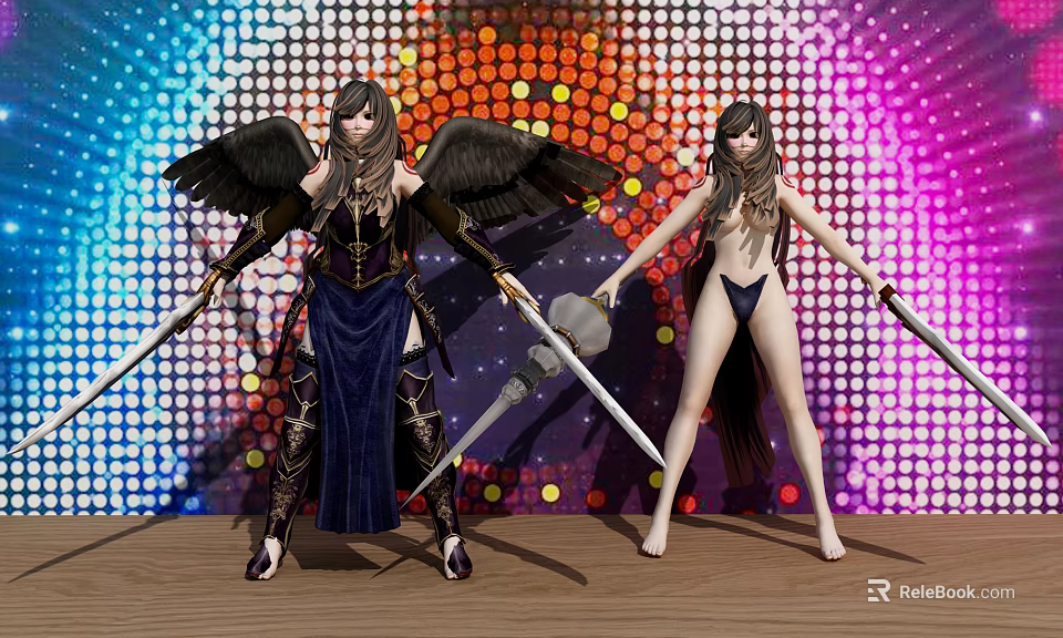 Two Game Movie Characters With Black Wings Holding Swords Against Colorful Dotted Backdrop 3d model 