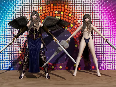 Two Game Movie Characters With Black Wings Holding Swords Against Colorful Dotted Backdrop 3d model