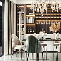 Elegant Modern Dining Set With Glass Tabletop Green Beige Chairs Crystal Chandelier And Wine Cabinet
