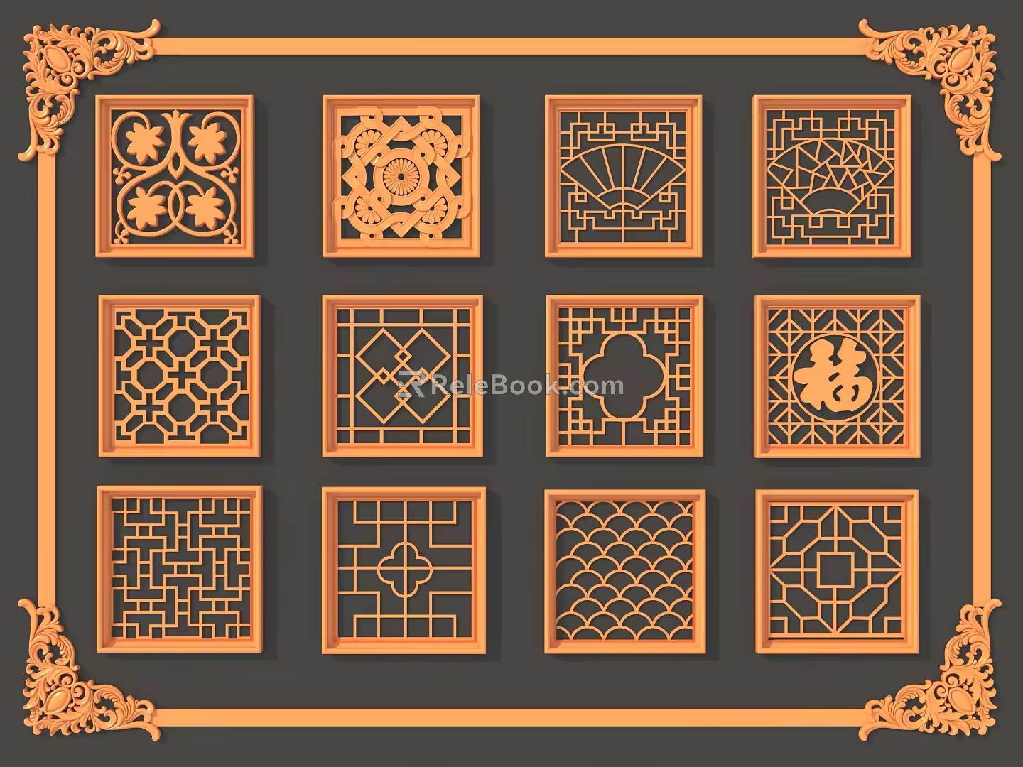 Chinese-style openwork window lattice window 3d model