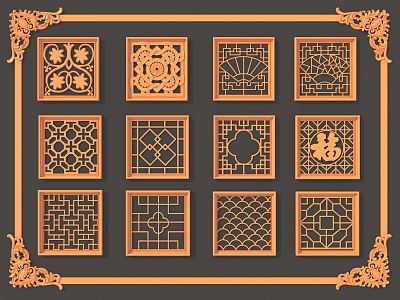 Chinese-style openwork window lattice window 3d model