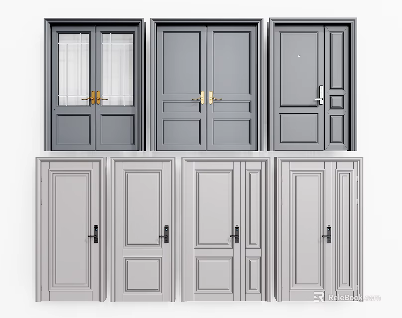 Modern Gray Security Doors With Various Panel Designs And Handles 3d model