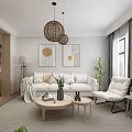 Modern Living Dining Room Interior With Sofa Coffee Table Wall Art Plants And Pendant Lights