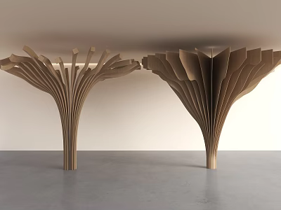 Modern Decorative Wooden Pillars Featuring Fan Shaped Radiating Structure in Minimalist Interior 3d model