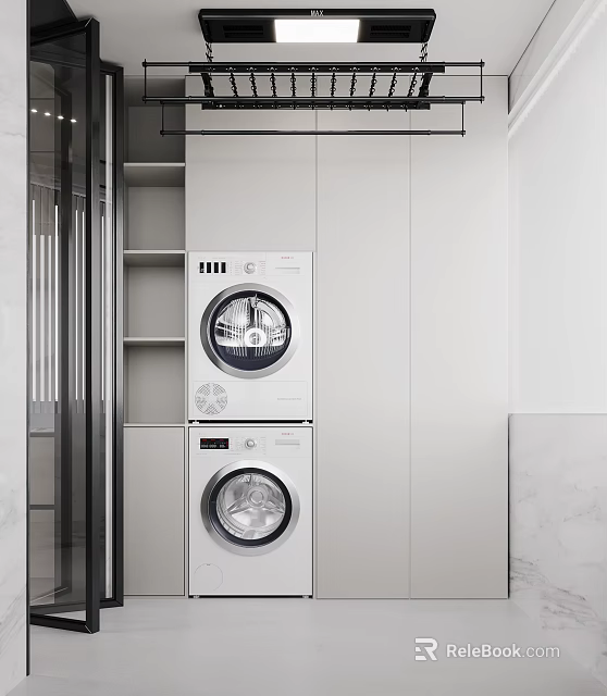 White Stacked Washing Machine And Dryer In Modern Laundry Room With Storage Cabinets 3d model 