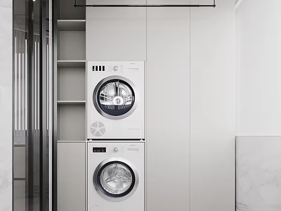 White Stacked Washing Machine And Dryer In Modern Laundry Room With Storage Cabinets 3d model