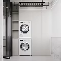 White Stacked Washing Machine And Dryer In Modern Laundry Room With Storage Cabinets
