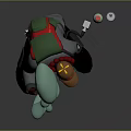Squatting Character Wearing Green Hat Red Mask with Floating Green Biomorphic Creature and Drink Bottles