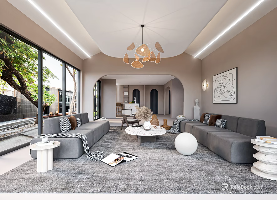 Modern Living and Dining Room Interior With Grey Sofa Coffee Table Chandelier And Large Windows 3d model 