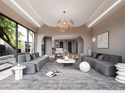 Modern Living and Dining Room Interior With Grey Sofa Coffee Table Chandelier And Large Windows 3d model