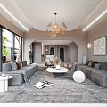 Modern Living and Dining Room Interior With Grey Sofa Coffee Table Chandelier And Large Windows