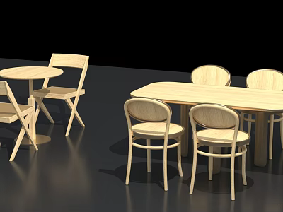 Simple Wooden Furniture Set With Round Table Folding Chairs And Rectangular Dining Table 3d model