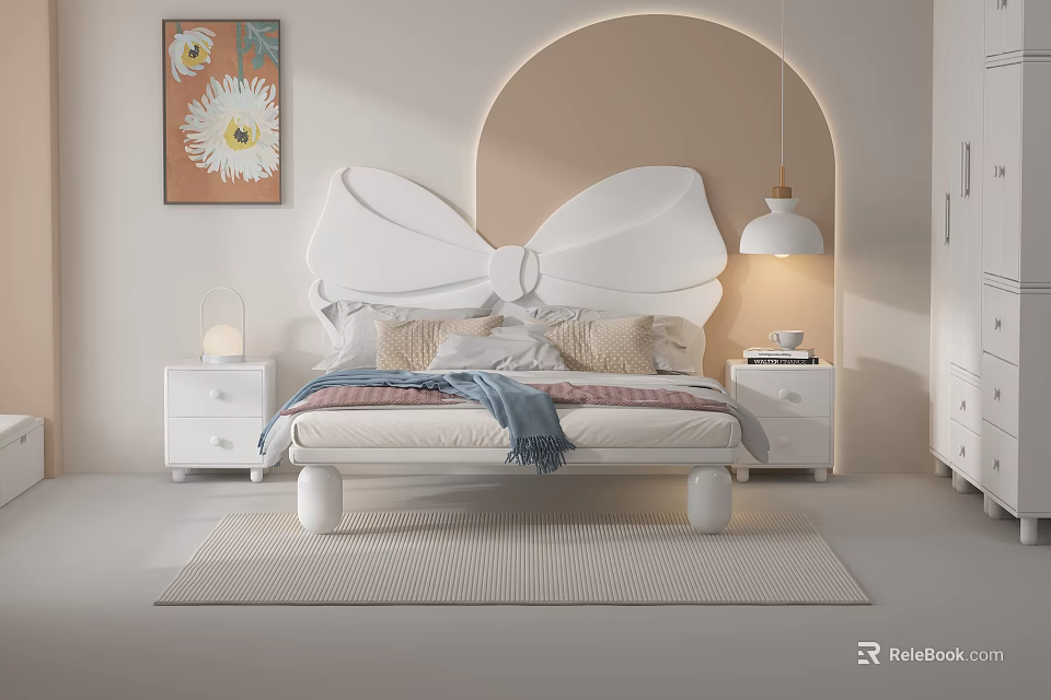 Cozy Kids Bed with Bowknot Headboard Nightstands Table Lamps Hanging Lamp and Daisy Wall Painting 3d model 