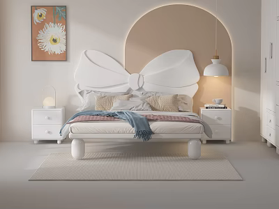 Cozy Kids Bed with Bowknot Headboard Nightstands Table Lamps Hanging Lamp and Daisy Wall Painting 3d model
