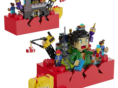 Colorful Building Blocks Construction Scene With Figures Crane And Cracked Red Base 3d model