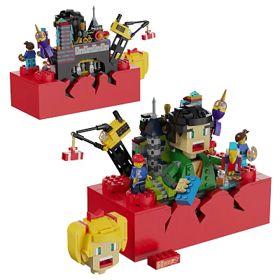 Colorful Building Blocks Construction Scene With Figures Crane And Cracked Red Base 3d model