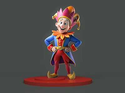 Man in Jester Costume with Blue Coat Red Pants Jester Hat Standing on Red Base 3d model