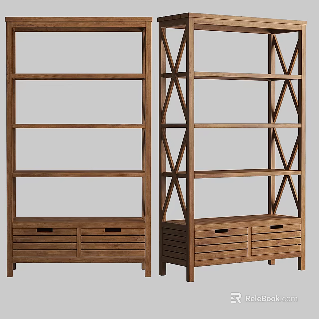 Modern Wooden Shelving Unit With Multiple Shelves X Shaped Supports And Bottom Drawers 3d model 