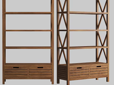 Modern Wooden Shelving Unit With Multiple Shelves X Shaped Supports And Bottom Drawers 3d model