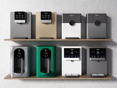 Modern Home Water Dispensers With Various Colors And Digital Control Panels On Shelves 3d model