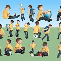 Group of Kids in Yellow Shirts Blue Pants Playing Ball Holding Globe And Toy Cars