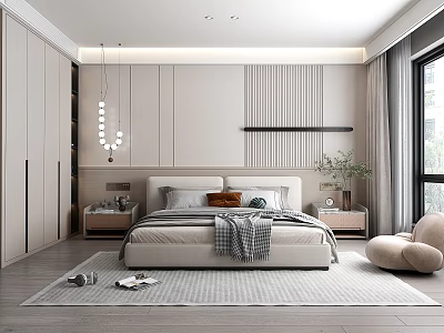 Modern Light Luxury Bedroom Interior With Beige Tones Large Bed Pendant Light Green Plants And Accent Chair 3d model