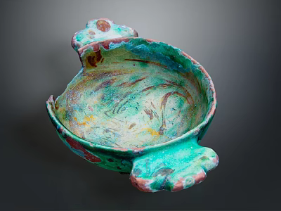 Artistic Bowl Shaped Sculpture With Green Red Swirled Colors And Textured Handles 3d model