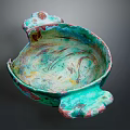 Artistic Bowl Shaped Sculpture With Green Red Swirled Colors And Textured Handles